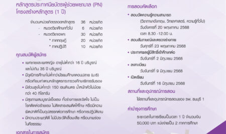 ประกาศรับสมัคร หลักสูตรประกาศนียบัตรผู้ช่วยพยาบาล (PN) หลักสูตร 1 ปี